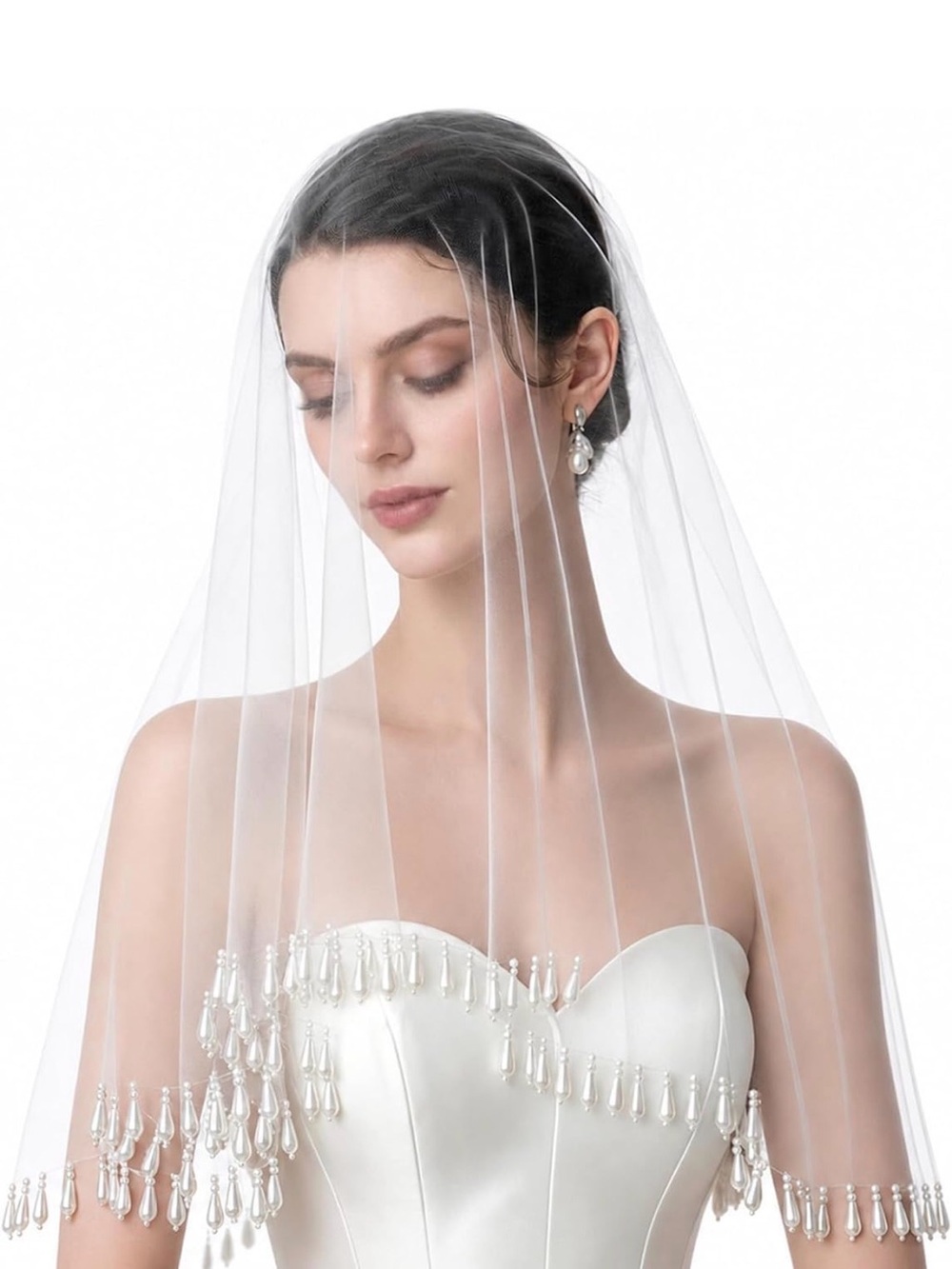 Handmade Luxury Classic White Bridal Veil with Pearl Teardrop Trim